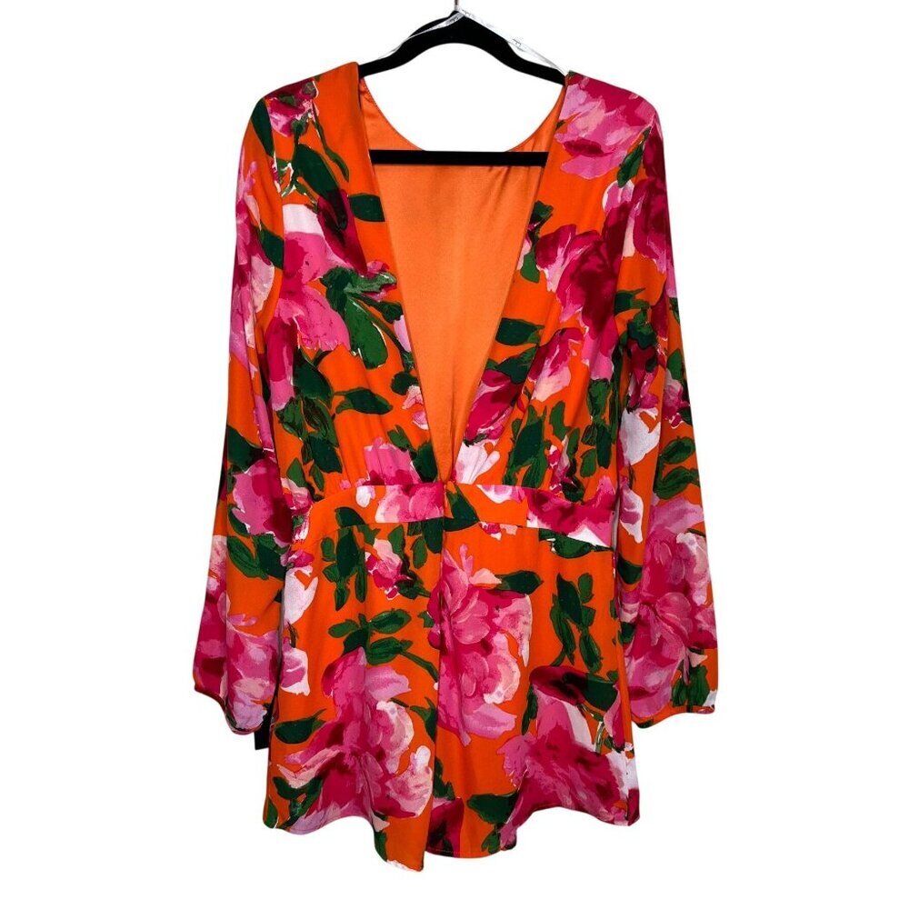 Lulus Sweetest Song Orange Floral Backless Long Sleeve Romper Size M NWT - Picture 5 of 9
